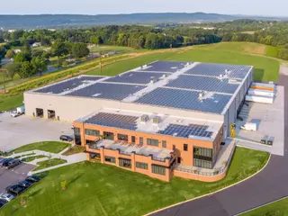 Wilsbach Distributors' building in Harrisburg with solar panels across its roof